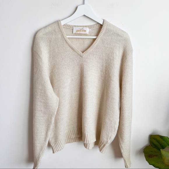 Jantzen Sweaters - JANTZEN Vintage Knit Sweater V Neck Wool Blend Beige Size L Cozy Made In Canada